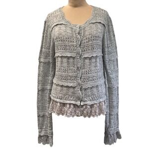 Caroline Constas Gray Pointelle Lace Cardigan Wool Alpaca Romantic Women's S